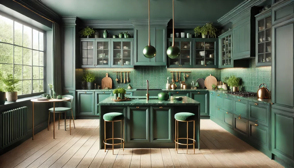 A modern, deep emerald green, colour drenched kitchen created by DALL.E.