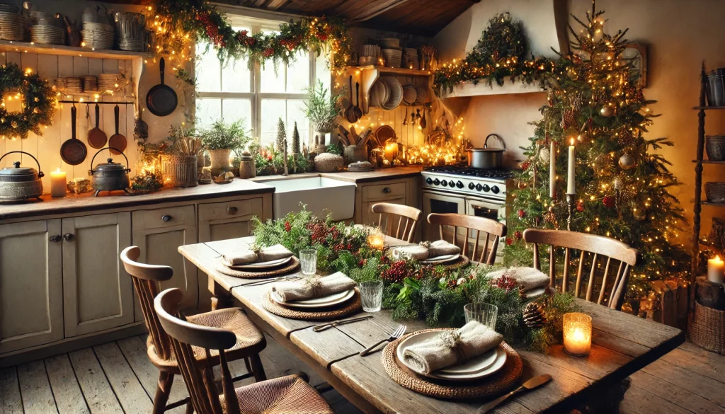 A cozy, festive kitchen decorated for Christmas, featuring eco-friendly decorations, a beautifully set dinner table, and a warm holiday atmosphere. Created by DALL.E.